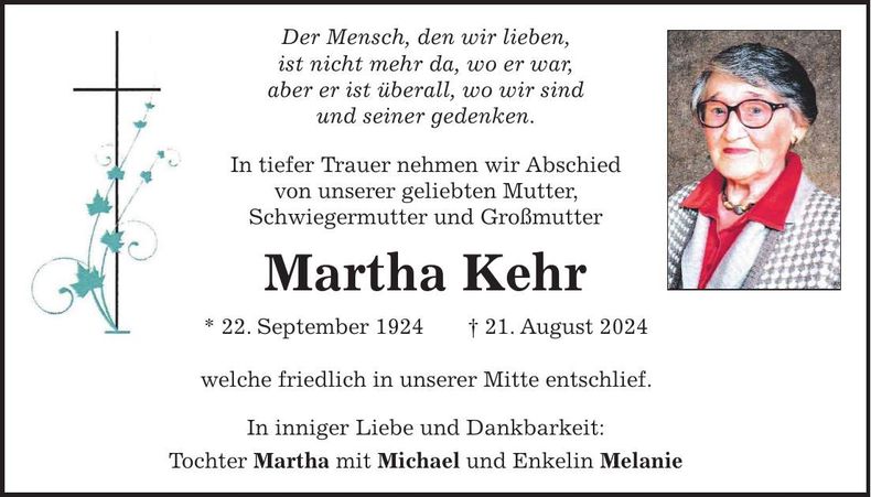 Traueranzeige Martha Kehr