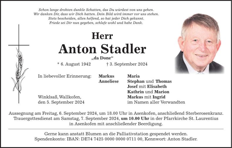 Traueranzeige Anton Stadler
