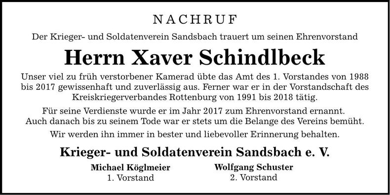 Traueranzeige Xaver Schindlbeck