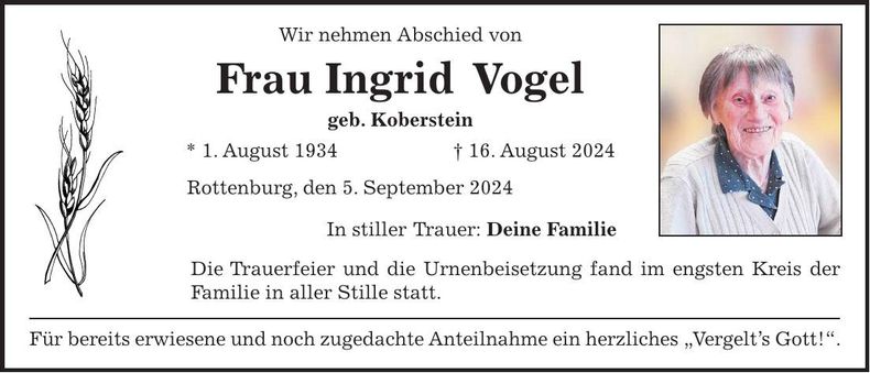 Traueranzeige Ingrid Vogel