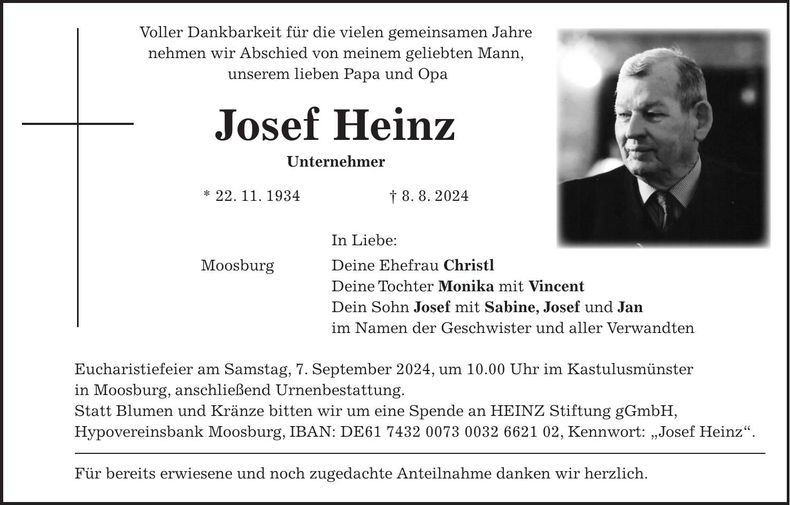 Traueranzeige Josef Heinz