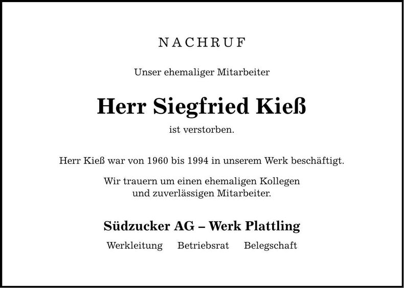 Traueranzeige Siegfried Kieß
