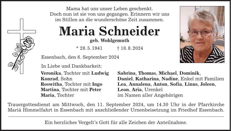 Traueranzeige Maria Schneider