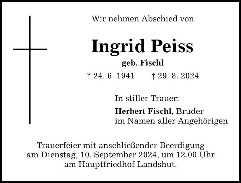 Traueranzeige Ingrid Peiss