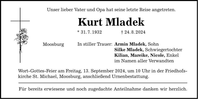 Traueranzeige Kurt Mladek