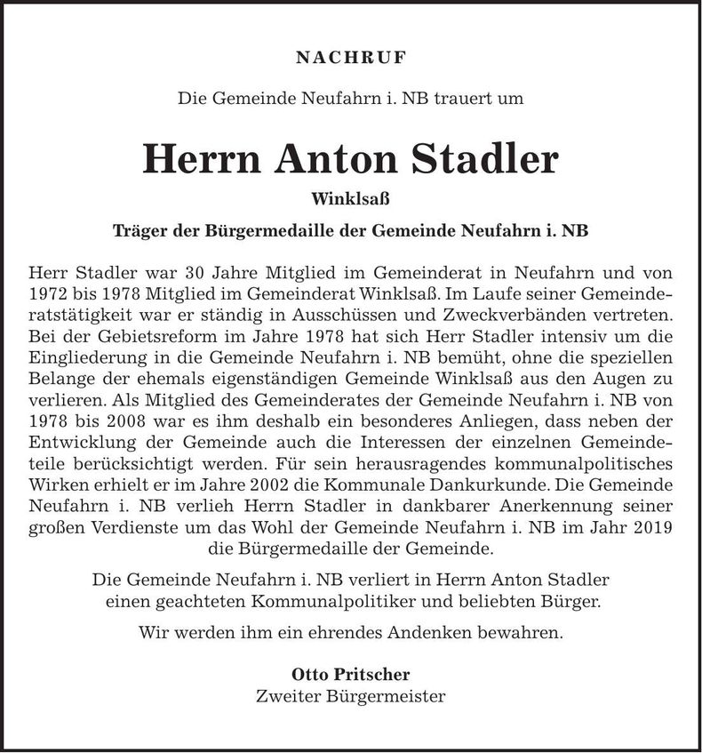 Traueranzeige Anton Prischer