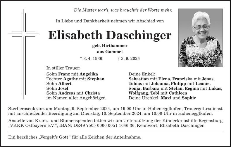 Traueranzeige Elisabeth Daschinger