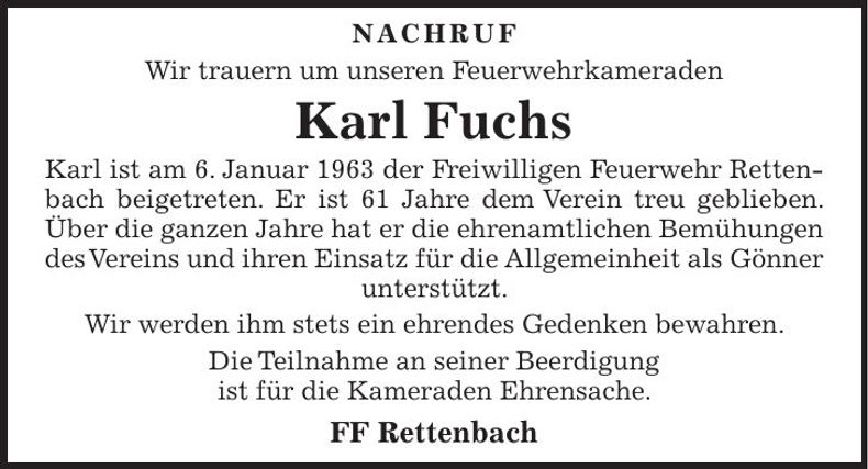 Traueranzeige Karl Fuchs