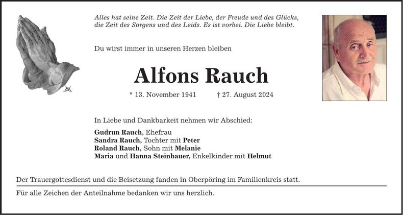 Traueranzeige Alfons Rauch