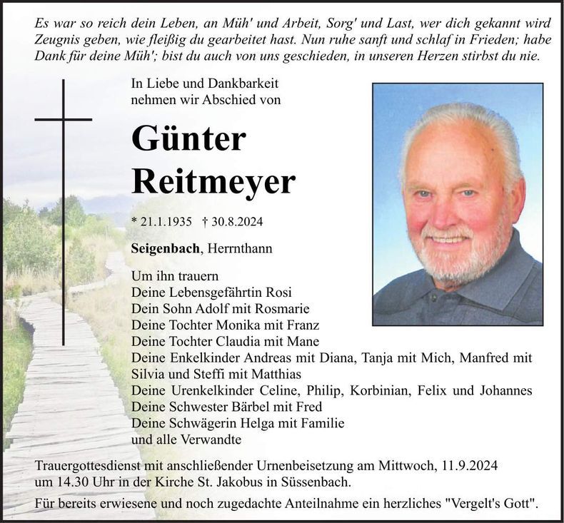 Traueranzeige Günter Reitmeyer