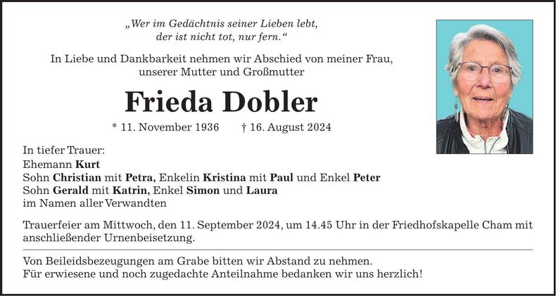 Traueranzeige Frieda Dobler