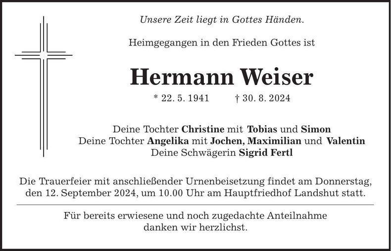 Traueranzeige Hermann Weiser
