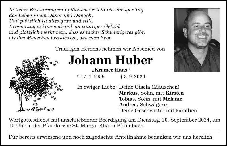 Traueranzeige Johann Huber