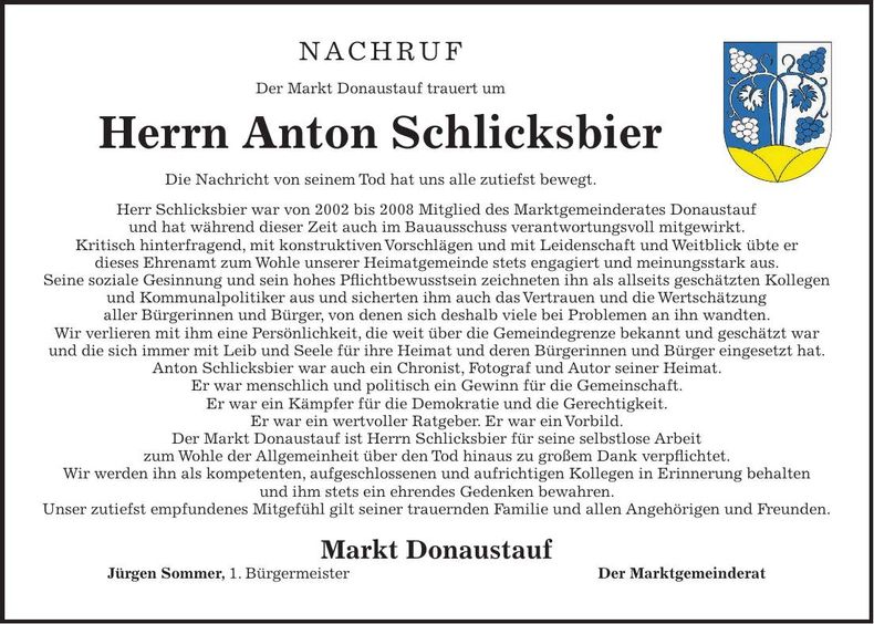 Traueranzeige Anton Schlicksbier