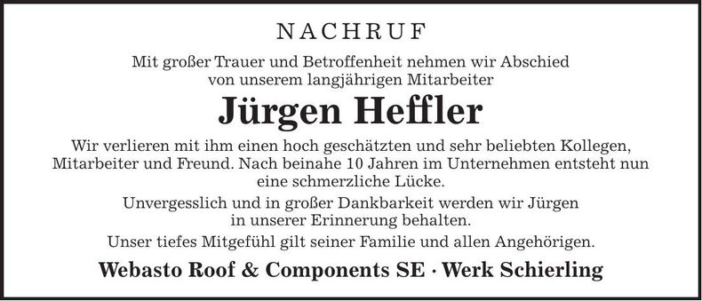 Traueranzeige Jürgen Heffler