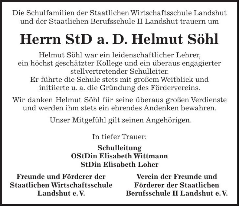 Traueranzeige Helmut Söhl