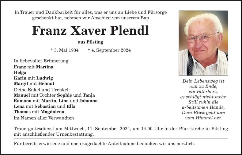 Traueranzeige Franz Xaver Plendl