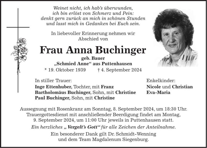 Traueranzeige Anna Buchinger