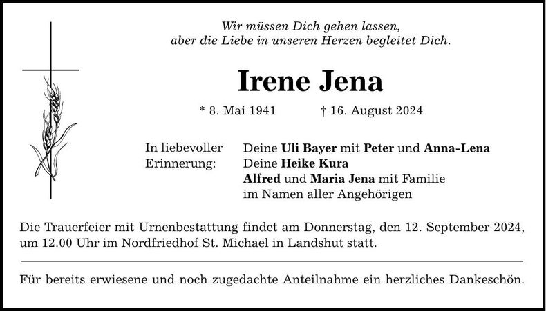 Traueranzeige Irene Jena
