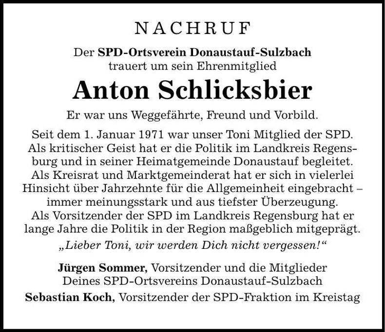 Traueranzeige Anton Schlicksbier