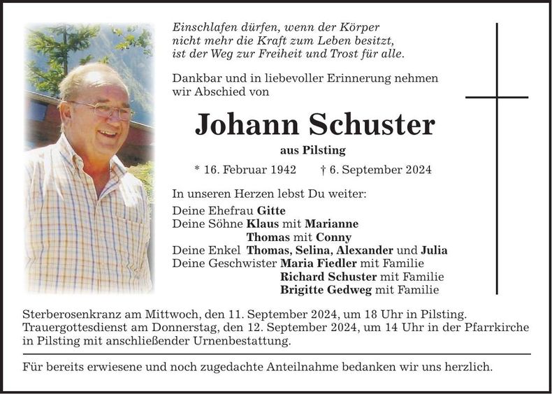 Traueranzeige Johann Schuster