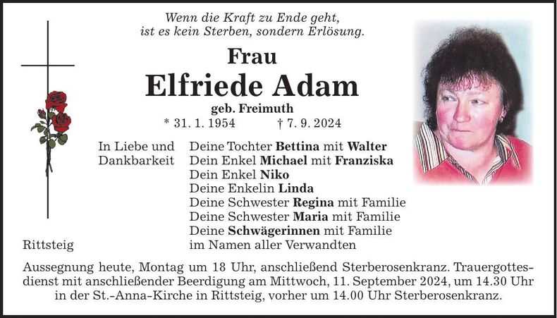 Traueranzeige Elfriede Adam