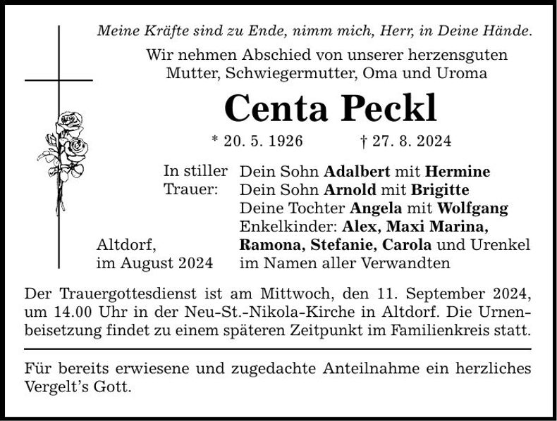 Traueranzeige Centa Peckl