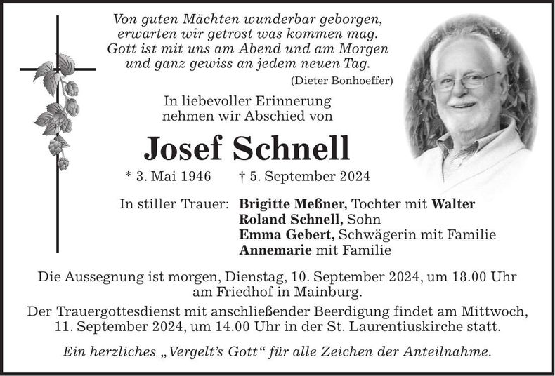 Traueranzeige Josef Schnell