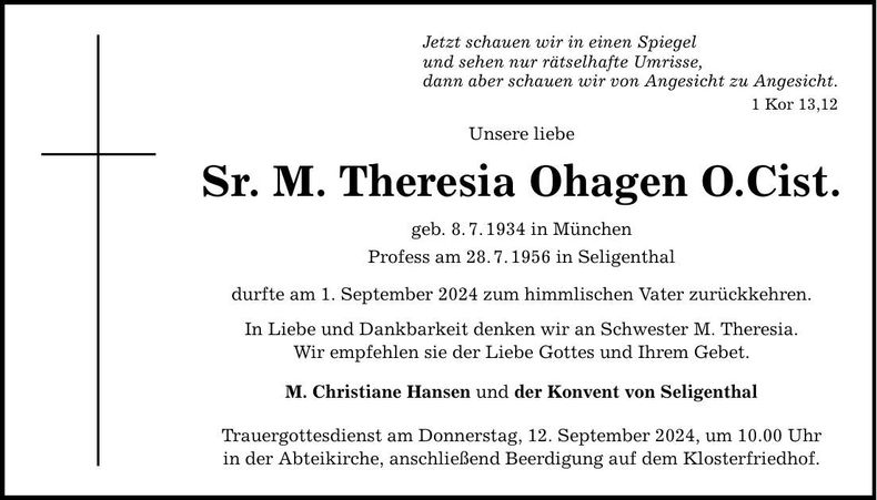 Traueranzeige Sr. M. Theresia Ohagen O.Cist.