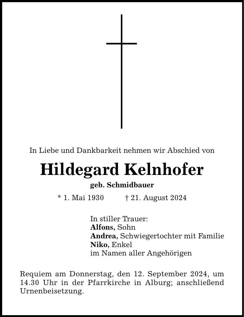 Traueranzeige Hildegard Kehlnhofer