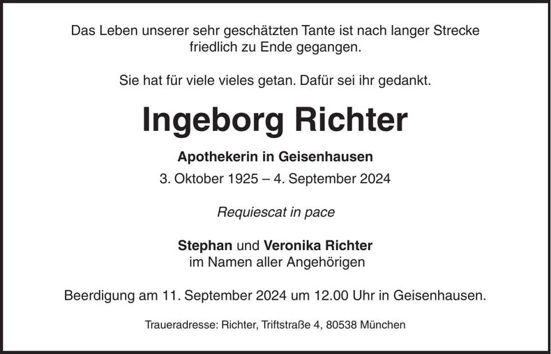 Traueranzeige Ingeborg Richter