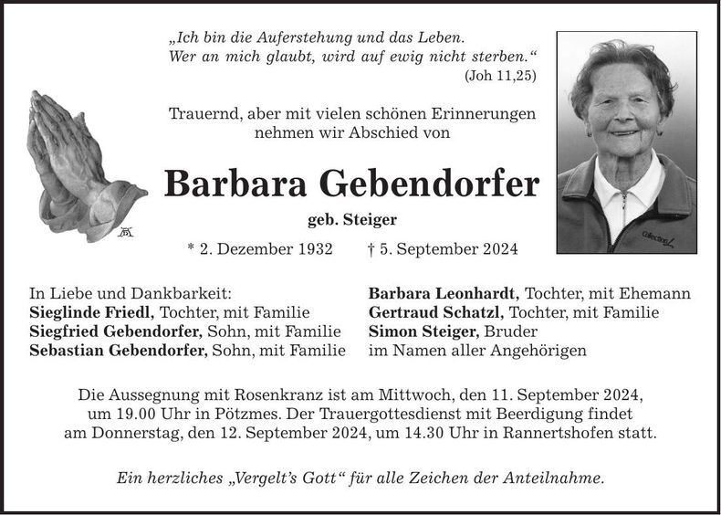 Traueranzeige Barbara Gebendorfer