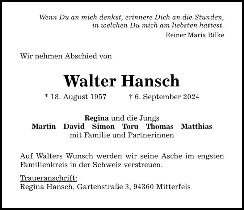 Traueranzeige Walter Hansch