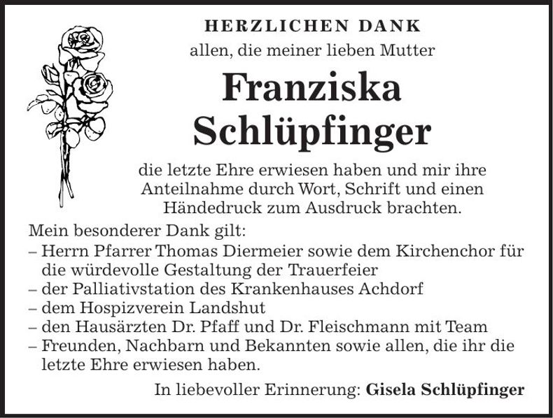 Traueranzeige Franziska Schlüpfinger