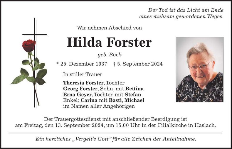 Traueranzeige Hilda Forster