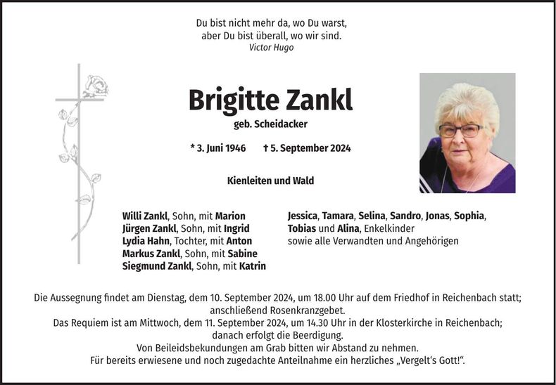 Traueranzeige Brigitte Zankl