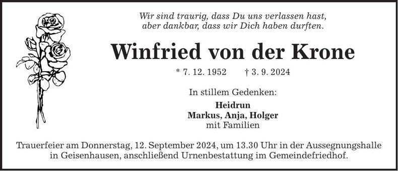Traueranzeige Winfried von der Krone