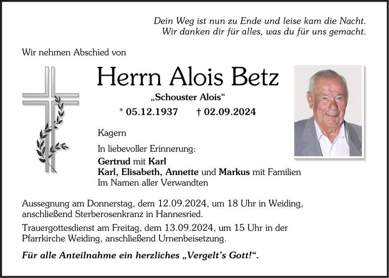 Traueranzeige Alois Betz