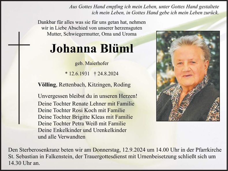 Traueranzeige Johanna Blüml