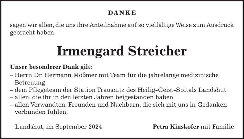 Traueranzeige Irmengard Streicher