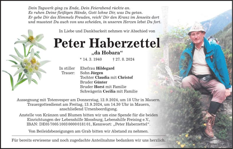 Traueranzeige Peter Haberzettel