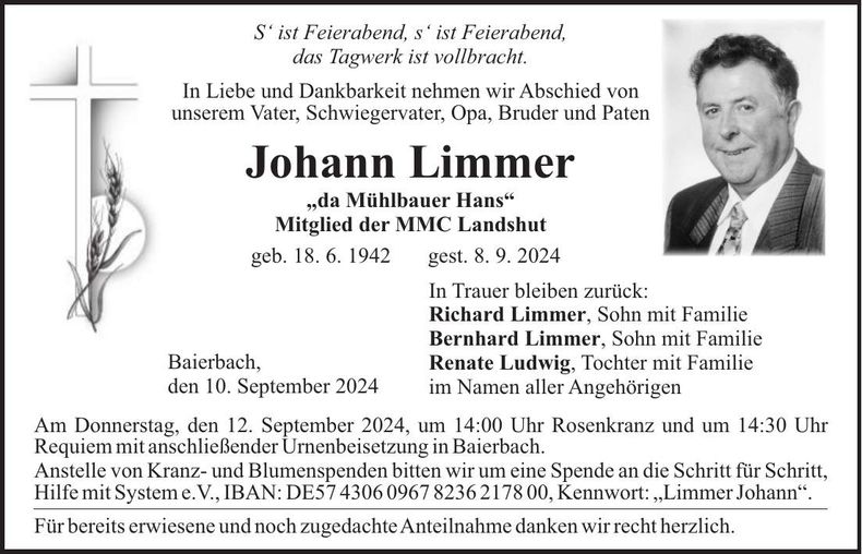 Traueranzeige Johann Limmer