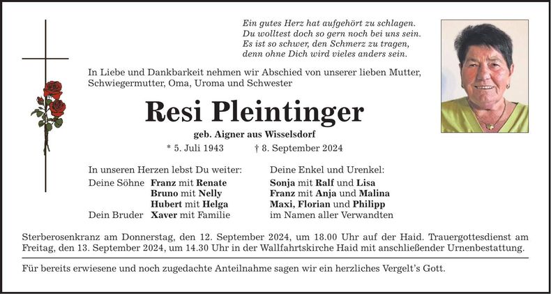Traueranzeige Resi Pleintinger