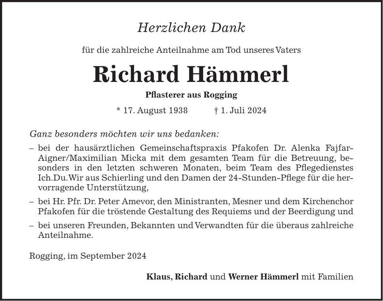 Traueranzeige Richard Hämmerl