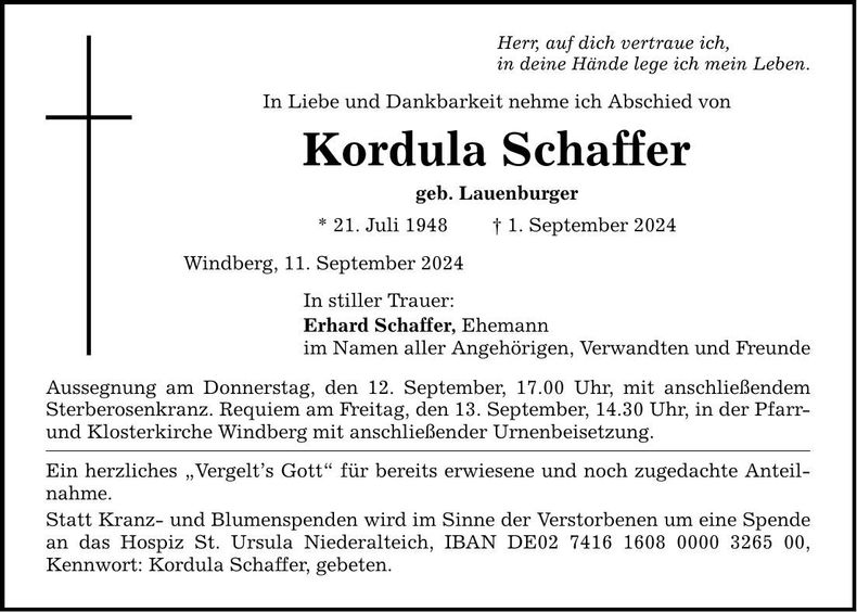 Traueranzeige Kordula Schaffer