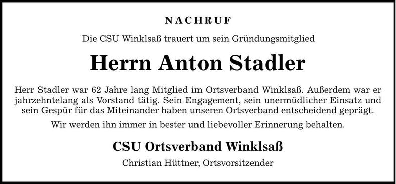 Traueranzeige Anton Stadler