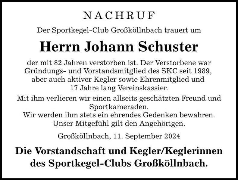Traueranzeige Johann Schuster
