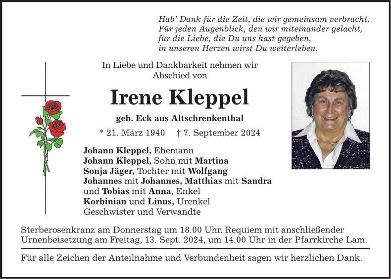 Traueranzeige Irene Kleppel