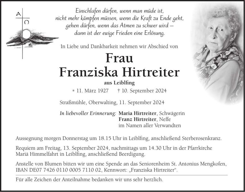 Traueranzeige Franziska Hirtreiter