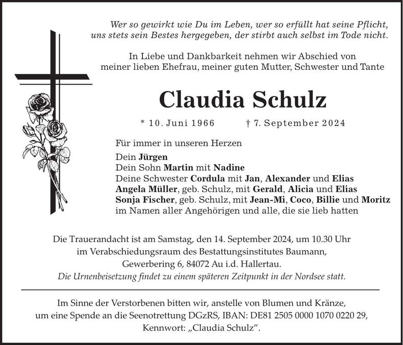 Traueranzeige Claudia Schulz